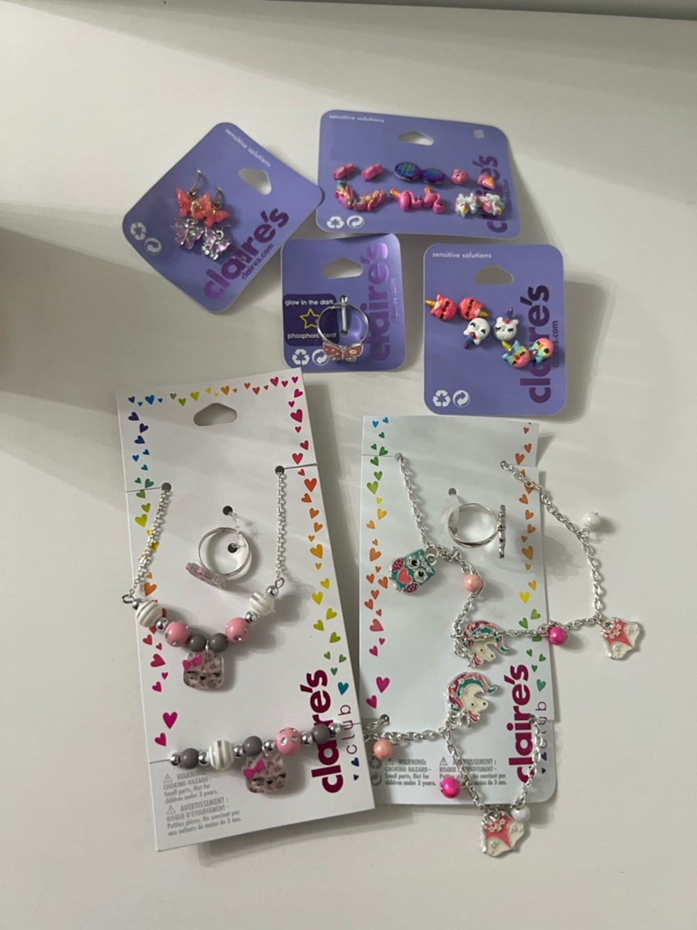 Claire's Pink, White and Silver Kids Charm Bracelet & Ring Sets